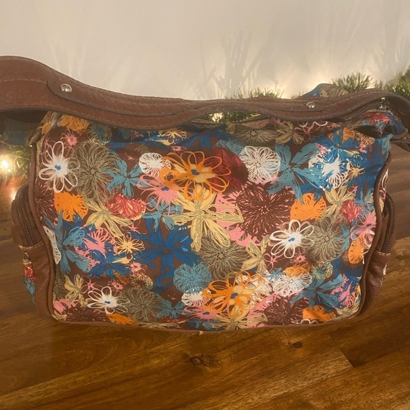 Rosetti Multicolor Floral Purse With Brown Leather Straps and Pocket Trim - Picture 2 of 7